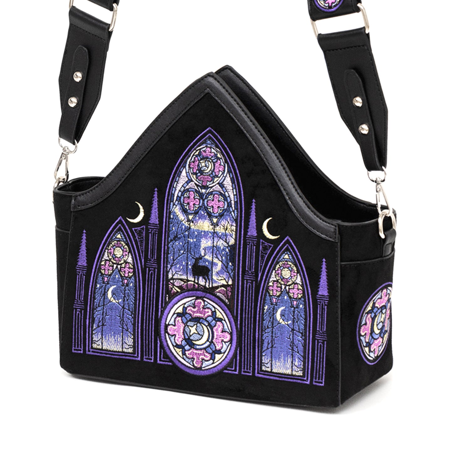 Bolso bandolera con bordados inspirados en las catedrales y en las auroras boreales con correa bordada de Restyle vista ángulo
