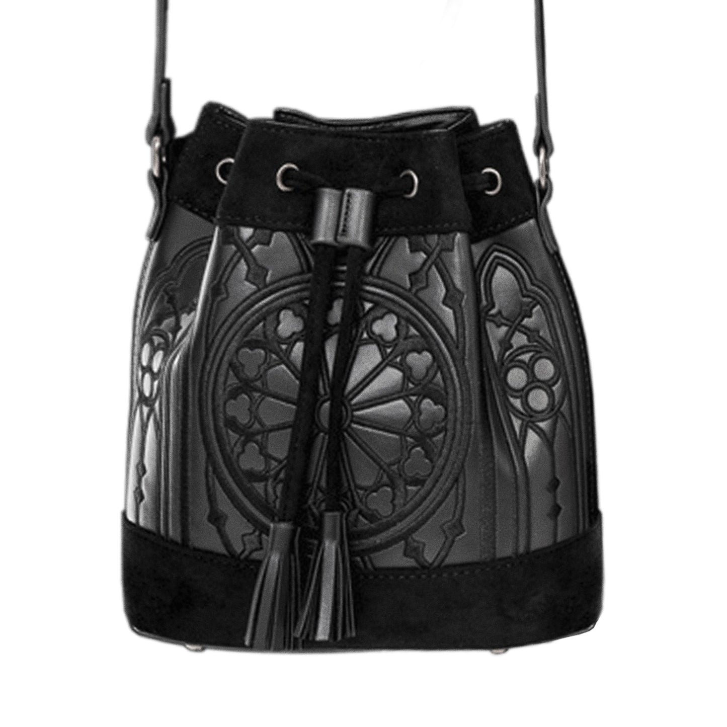 Bolso bandolera en forma de saco con cierre de cordón con borlas en la parte superior. Bordado inspirado en los rosetones de las catedrales. Tejido sintético estilo ante y piel. Modelo Sanctum Bucket de Restyle en color negro vista frontal