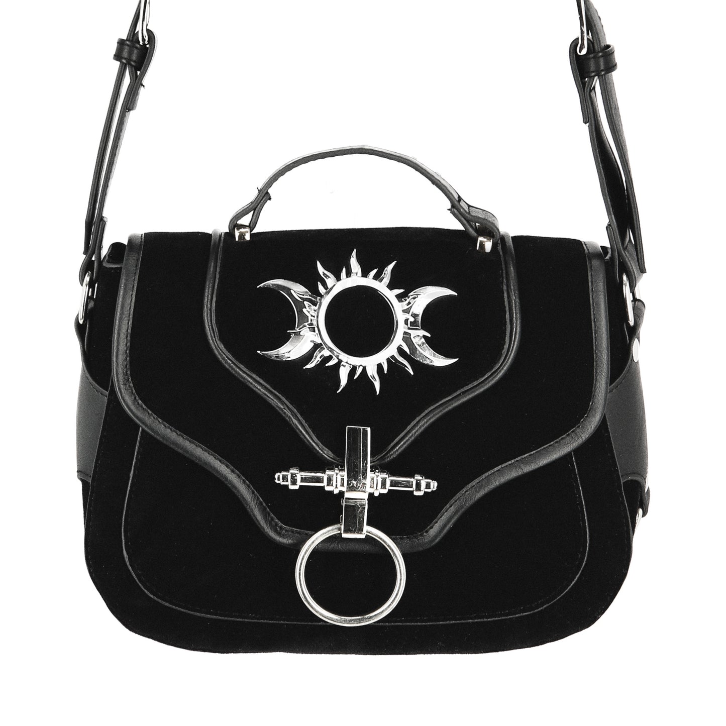 Bolso bandolera Triple Goddess de Restyle en negro con adornos metálicos vista frontal