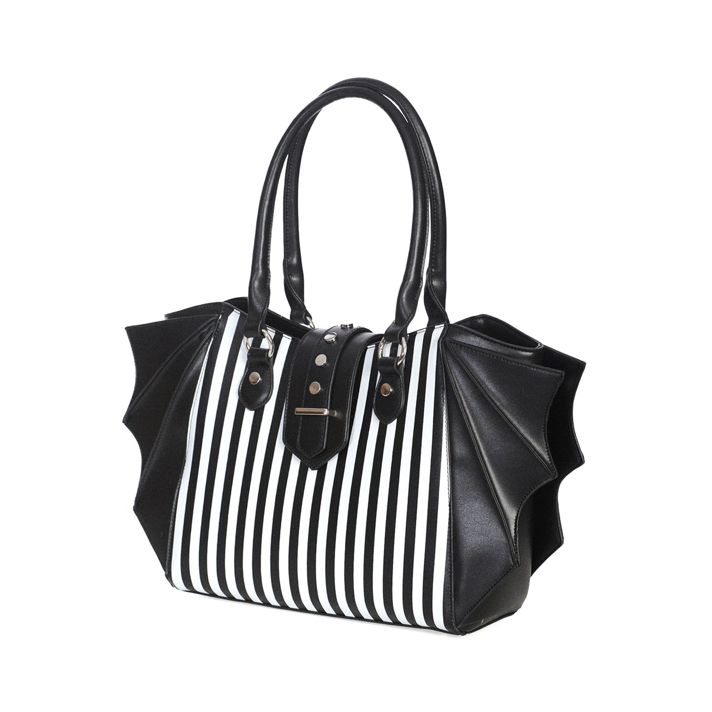Bolso shopper grande con estampado de rayas verticales en el frontal, adornos en forma de alas de murciélago en los laterales y detalle metálico en el cierre central vista ángulo