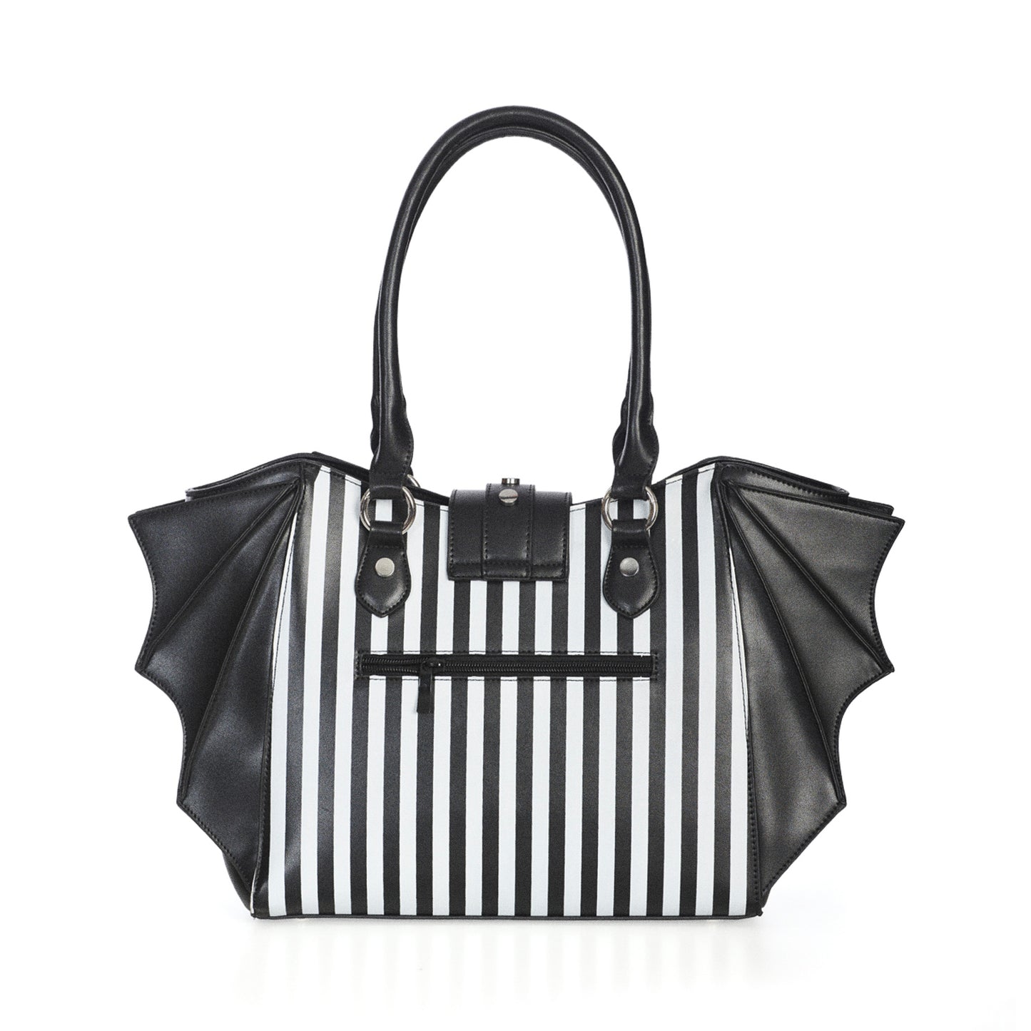 Bolso shopper grande con estampado de rayas verticales en el frontal, adornos en forma de alas de murciélago en los laterales y detalle metálico en el cierre central vista posterior