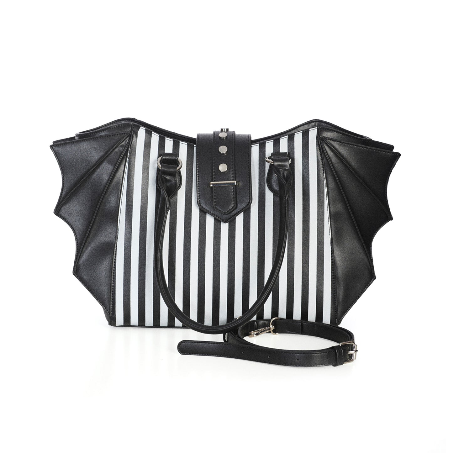 Bolso shopper grande con estampado de rayas verticales en el frontal, adornos en forma de alas de murciélago en los laterales y detalle metálico en el cierre central vista con correa