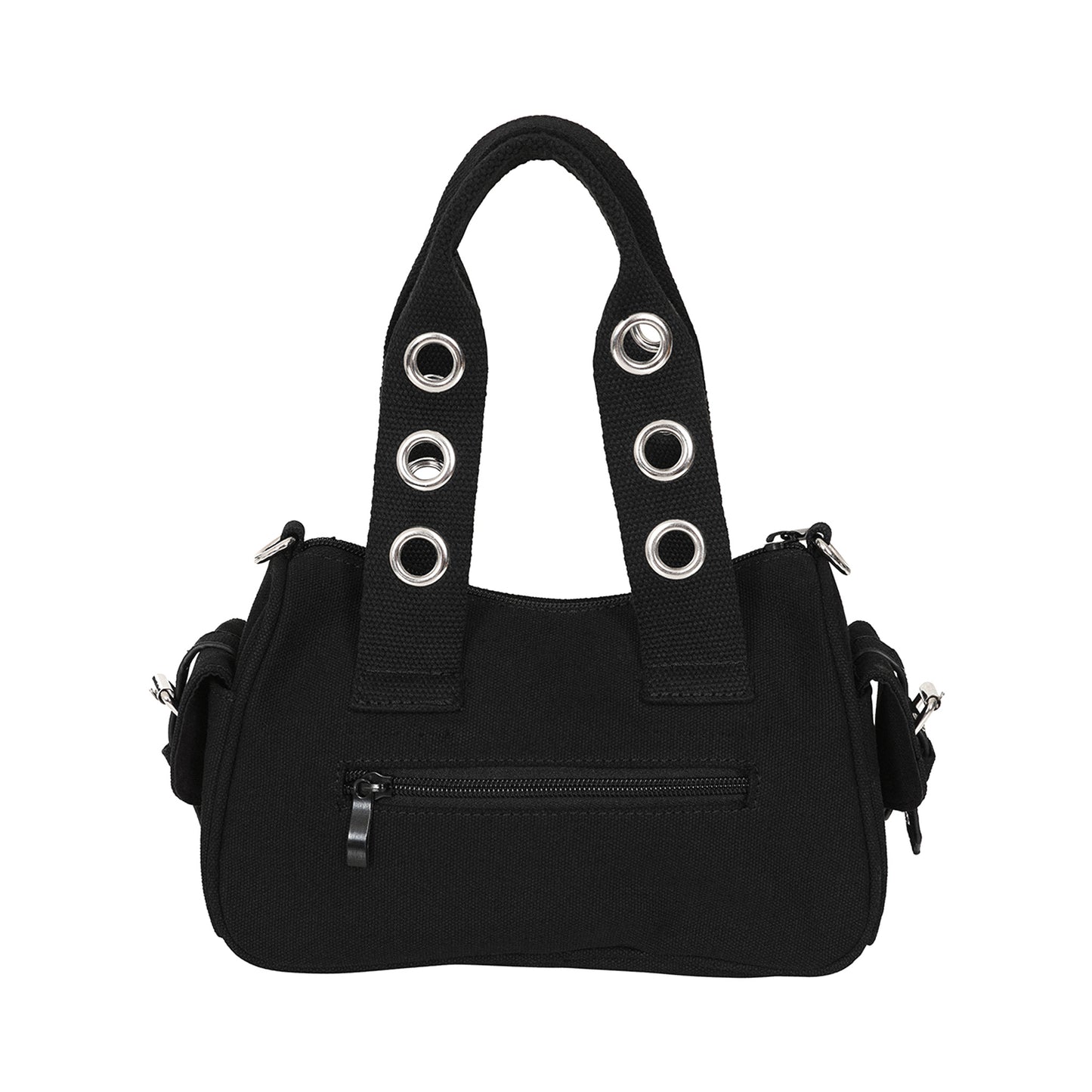 Bolso de mano o bandolera con ojales metálicos en los bolsillos y en las asas. Fabricado en tela de algodón y con esposas de decoración en la parte frontal. Vista posterior