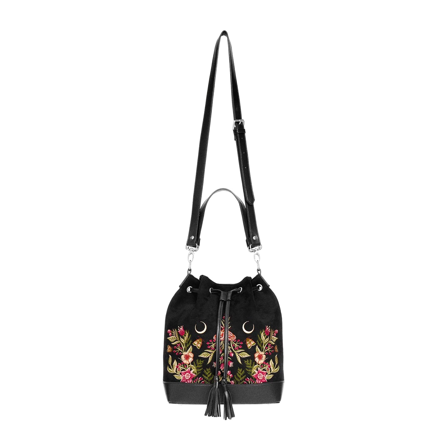 Bolso con bordado de polillas, flores y lunas estilo mágico acabado en terciopelo y piel sintética en forma de saco tipo bandolera y bolso de mano de restyle vista completa frontal