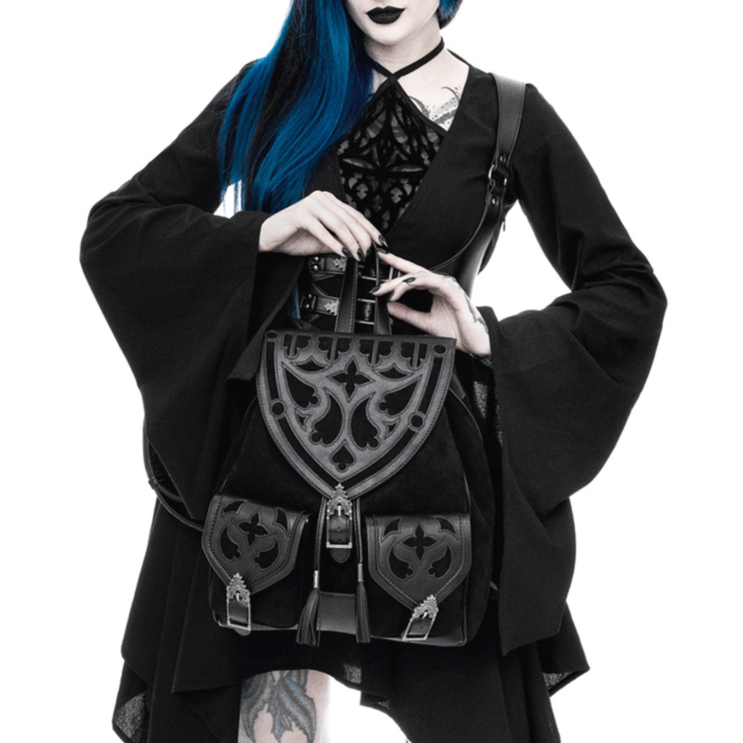 Mochila con motivos medievales Cathedralis Buckle de la marca Restyle en negro vista modelo