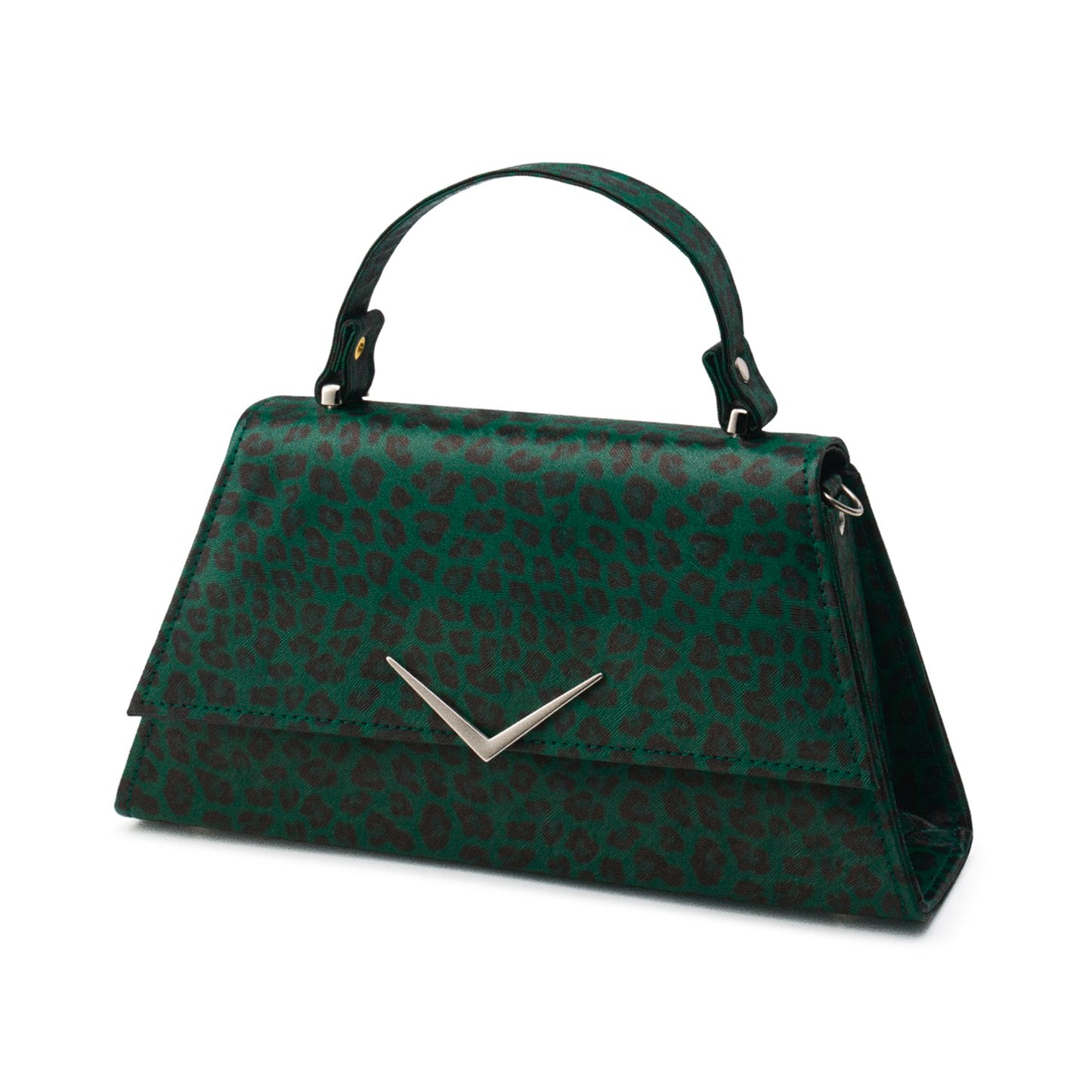 Bolso pin-up con asa superior y diseño completo de leopardo verde y negro.