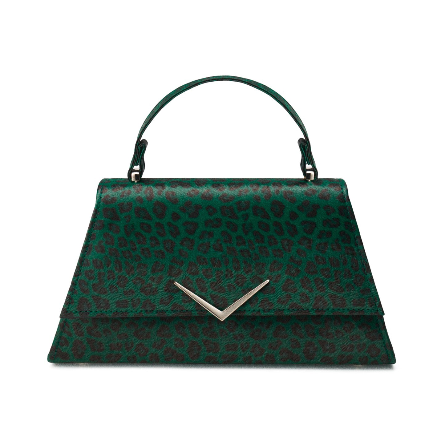 Bolso Stardust Rumbler de Liquorbrand con estampado de leopardo verde y aplique de chevron plateado.