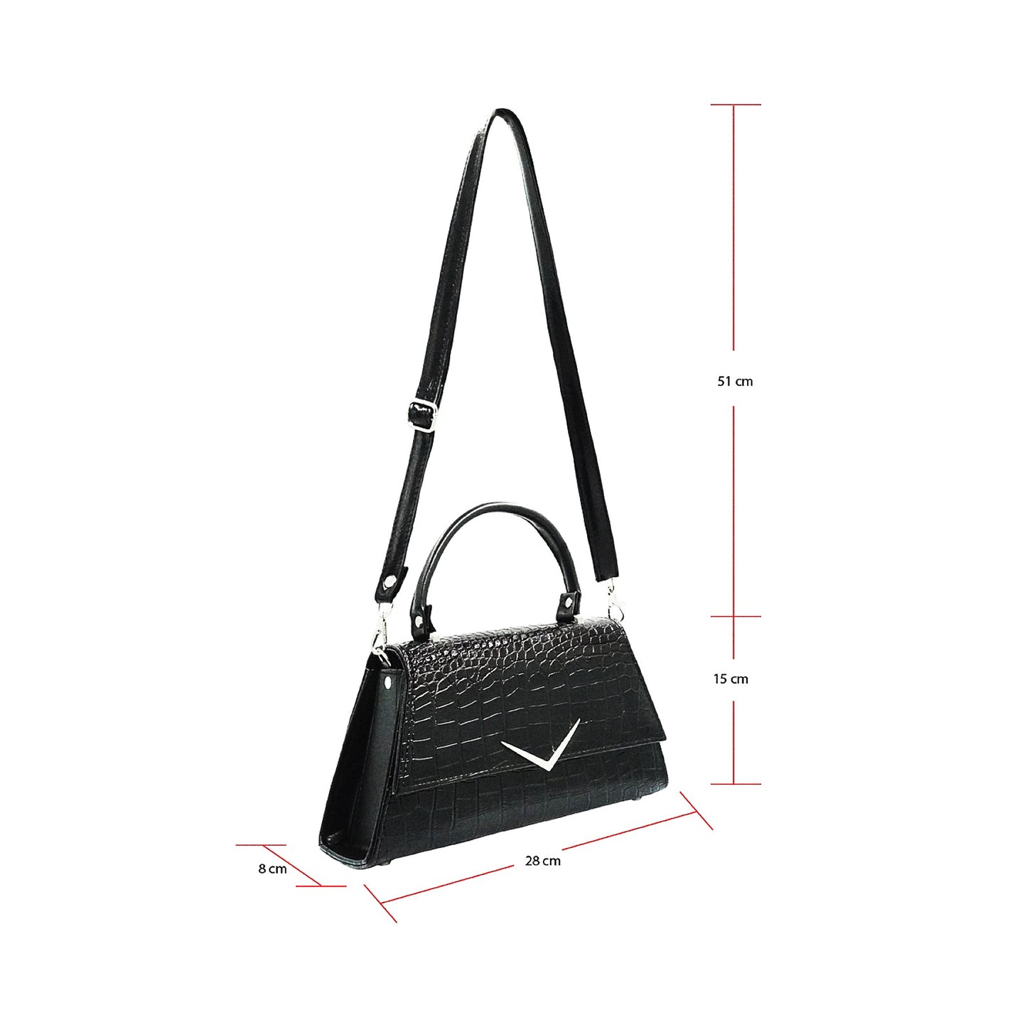 Bolso The Rumbler con la correa larga para hombro y las medidas indicadas: 28cm de ancho, 15cm de alto y 8cm de profundidad.