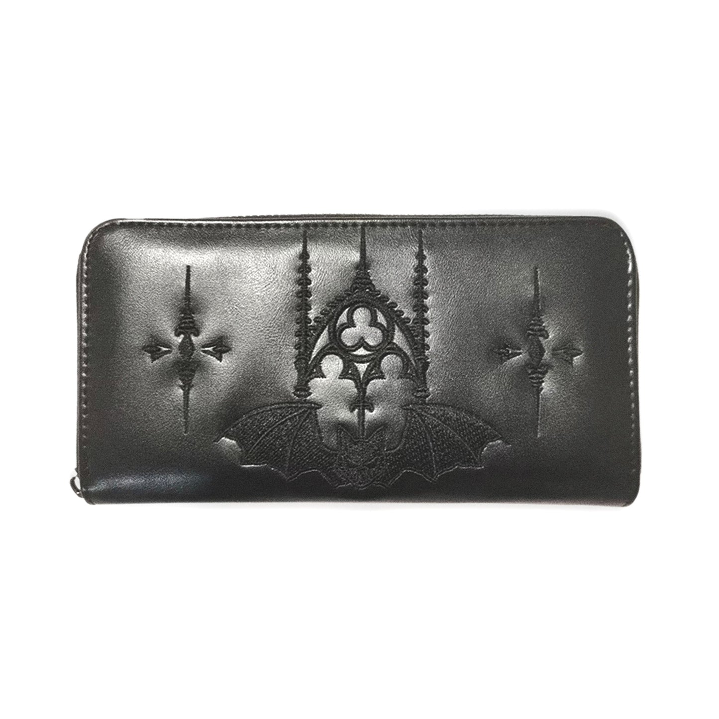 Cartera gótica alargada de color negro con un detallado bordado de un arco gótico con alas de murciélago.