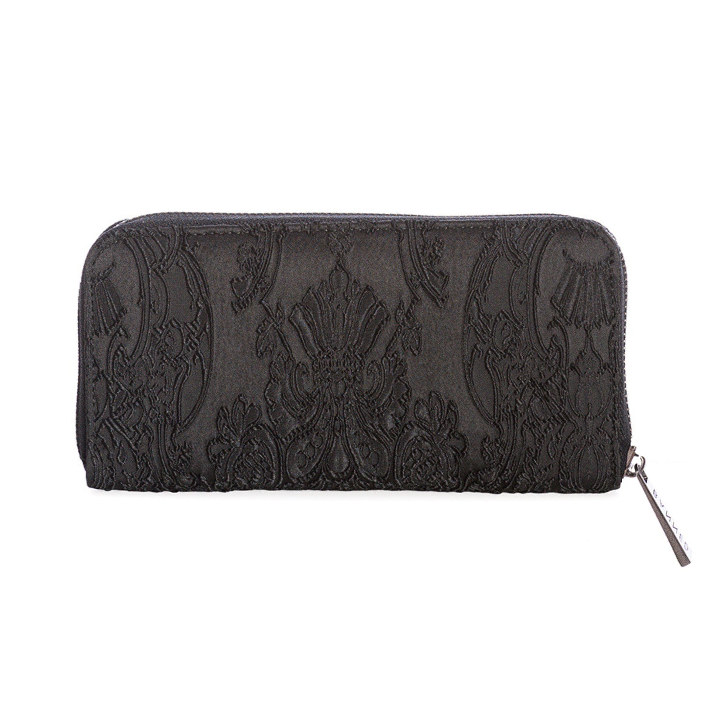 Vista trasera de la cartera gótica, mostrando el tejido con patrón barroco negro.