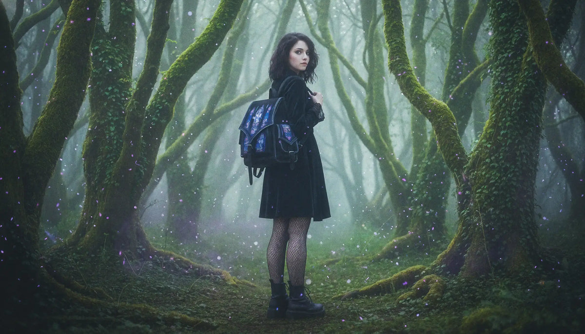 Young woman in gothic style clothing standing in a misty, moss-covered enchanted forest with glowing purple particles floating around her