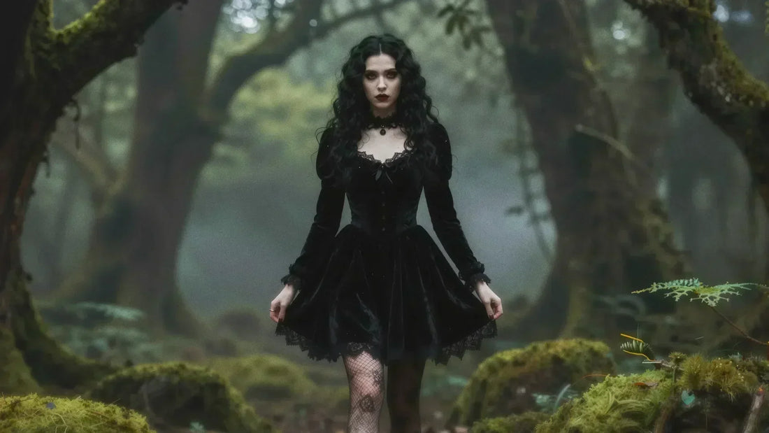 Gothic woman in black velvet lace dress and fishnet stockings walking through a dark misty forest, wearing a choker necklace