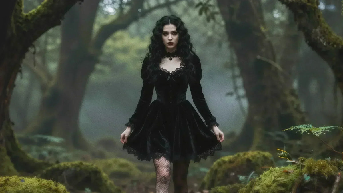 Gothic woman in black velvet lace dress and fishnet stockings walking through a dark misty forest, wearing a choker necklace