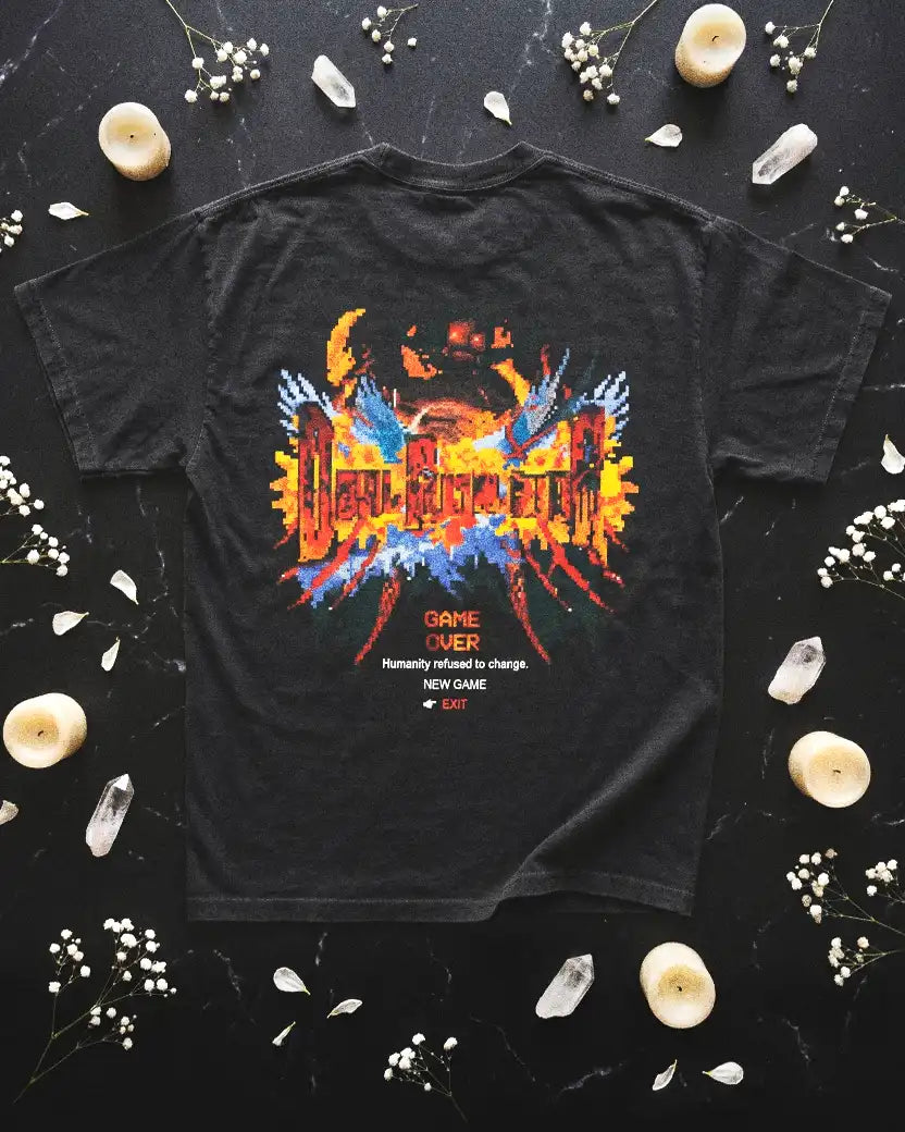 Halfcurve Biohazard T-Shirt on marble counter with esoteric background details.