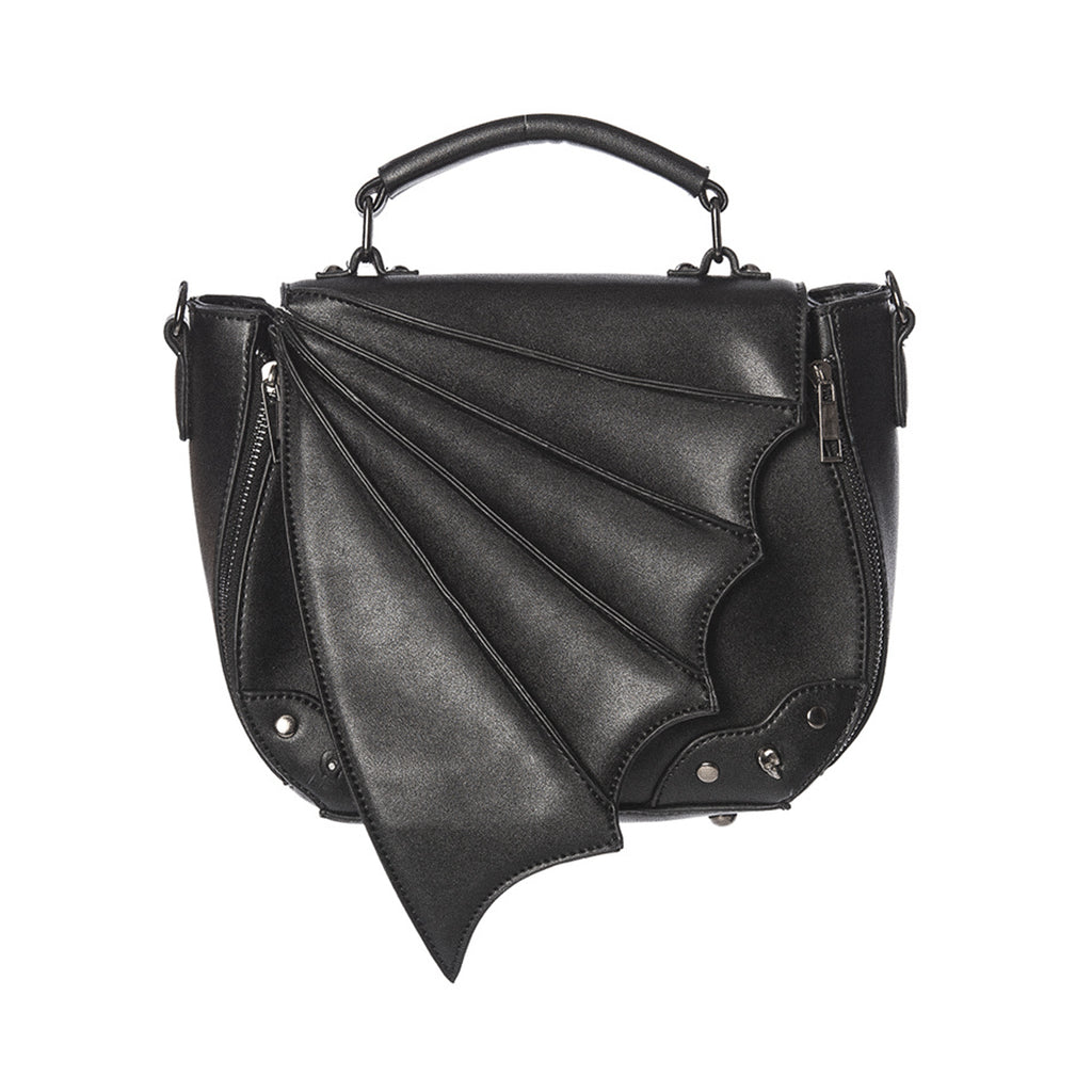  Banned Alternative Gwendolyn black crossbody with bat wing flap and studs - front view