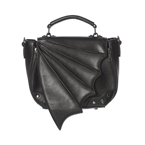  Banned Alternative Gwendolyn black crossbody with bat wing flap and studs - front view