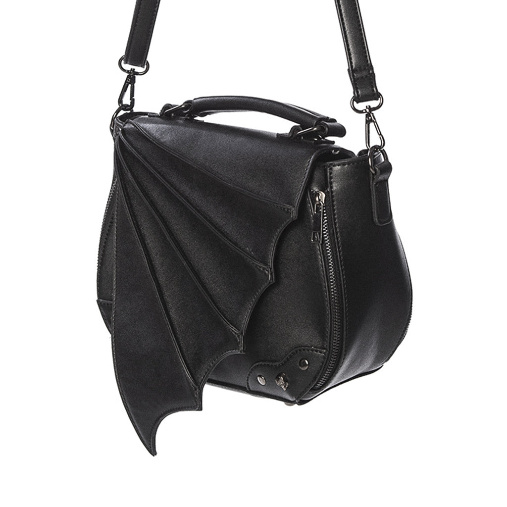  Banned Alternative Gwendolyn black crossbody with bat wing flap and studs - angle view