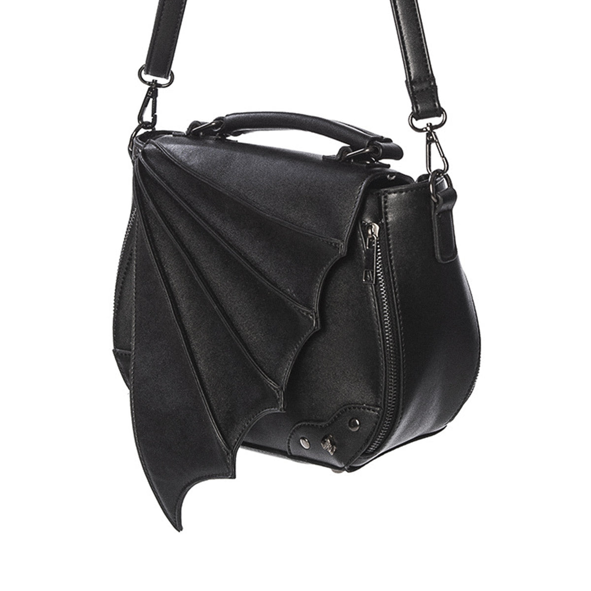  Banned Alternative Gwendolyn black crossbody with bat wing flap and studs - angle view