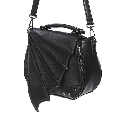  Banned Alternative Gwendolyn black crossbody with bat wing flap and studs - angle view