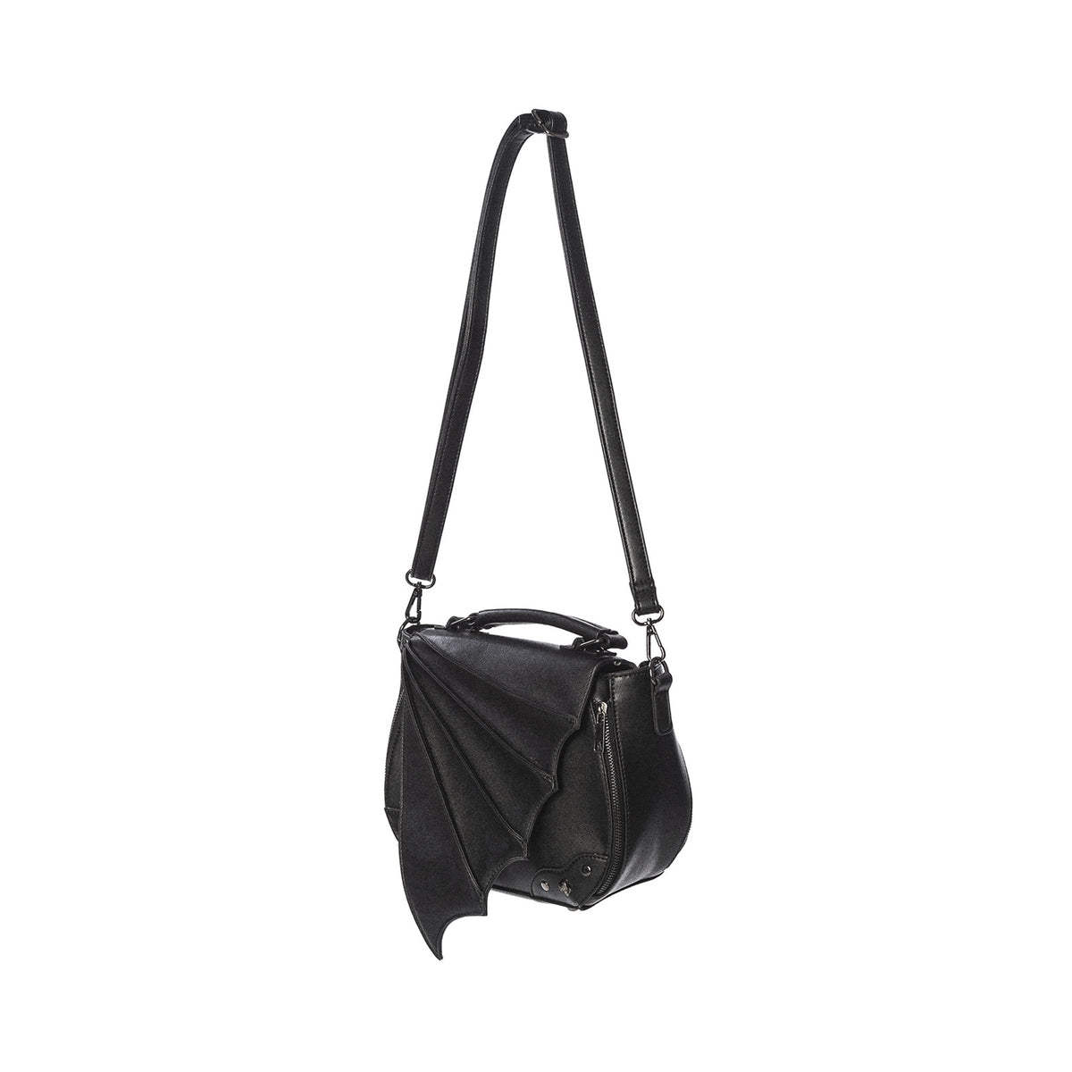  Banned Alternative Gwendolyn black crossbody with bat wing flap and studs - with strap view