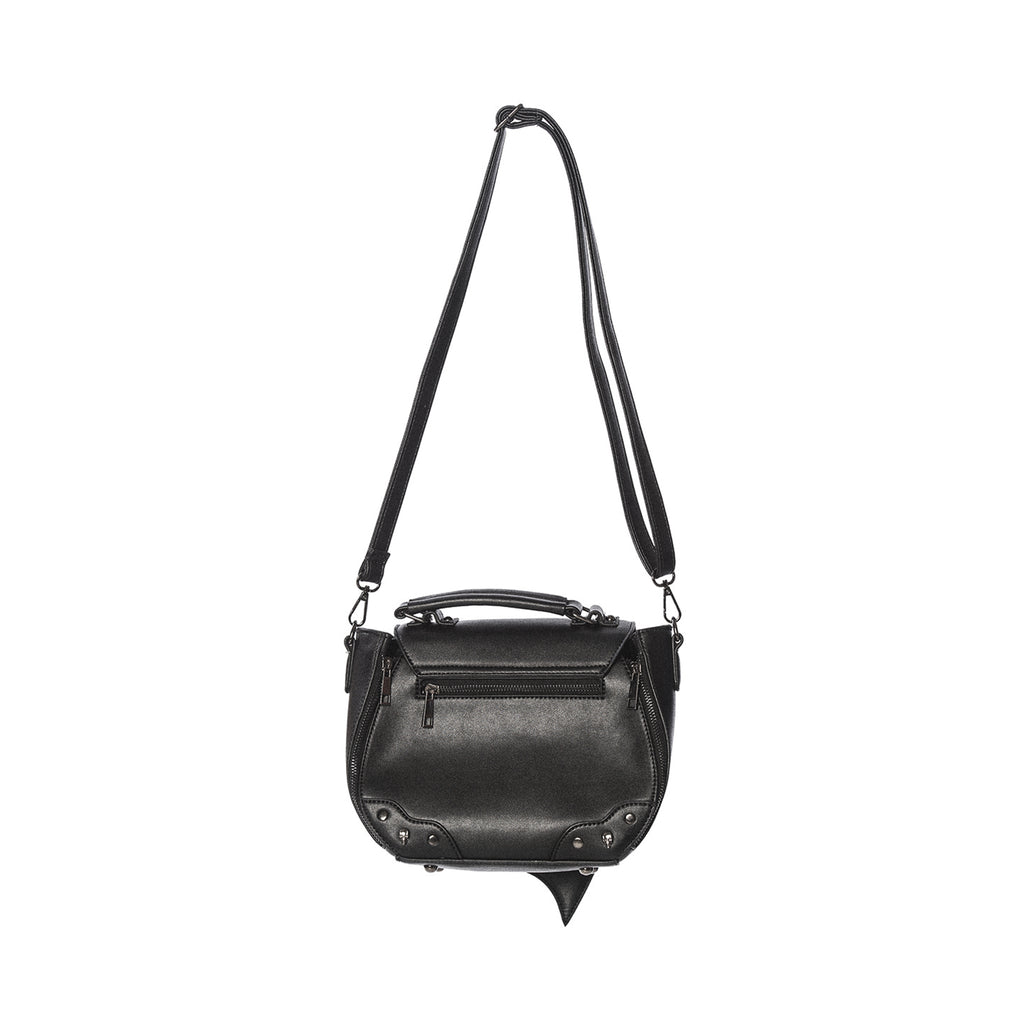  Banned Alternative Gwendolyn black crossbody with bat wing flap and studs - rear with strap view