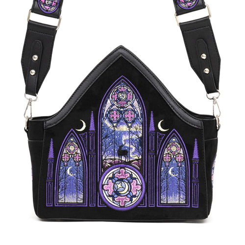 Bolso bandolera con bordados inspirados en las catedrales y en las auroras boreales con correa bordada de Restyle vista frontal