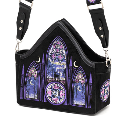 Bolso bandolera con bordados inspirados en las catedrales y en las auroras boreales con correa bordada de Restyle vista ángulo