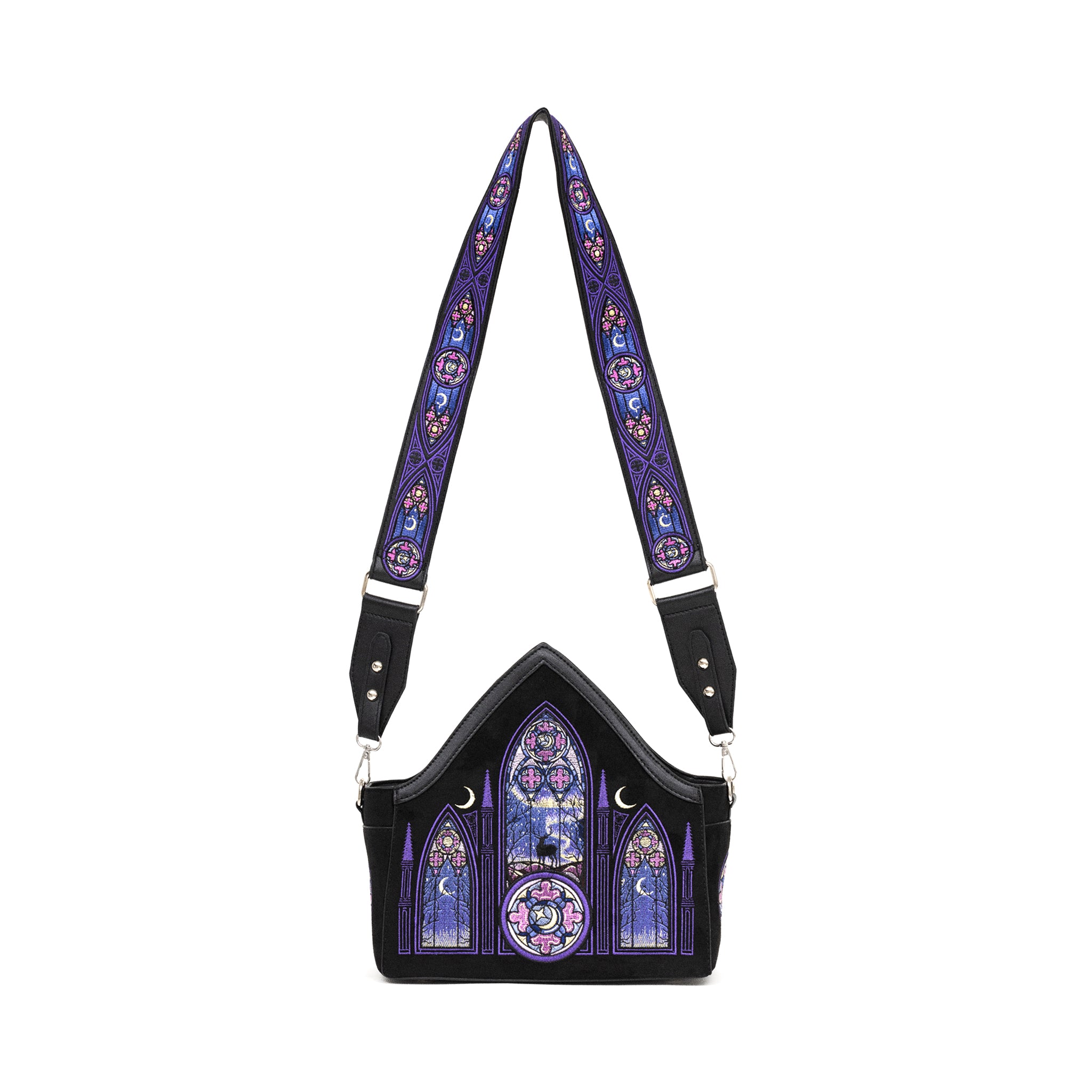Bolso bandolera con bordados inspirados en las catedrales y en las auroras boreales con correa bordada de Restyle vista completa