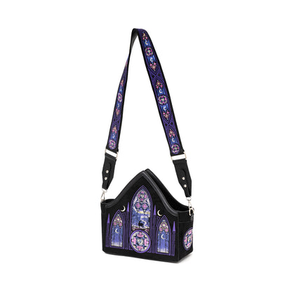 Bolso bandolera con bordados inspirados en las catedrales y en las auroras boreales con correa bordada de Restyle vista completa ángulo