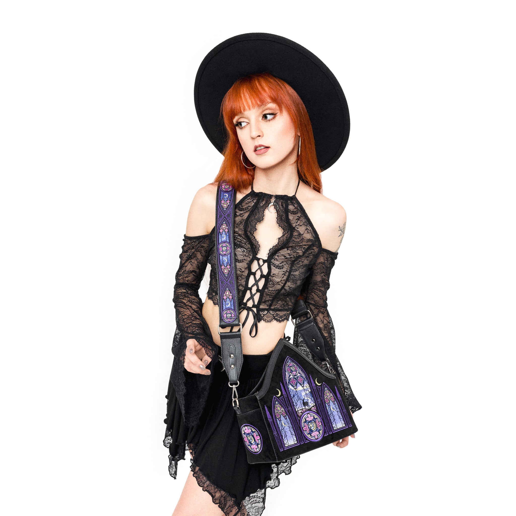  Restyle crossbody bag with cathedral and aurora borealis embroidery - model view