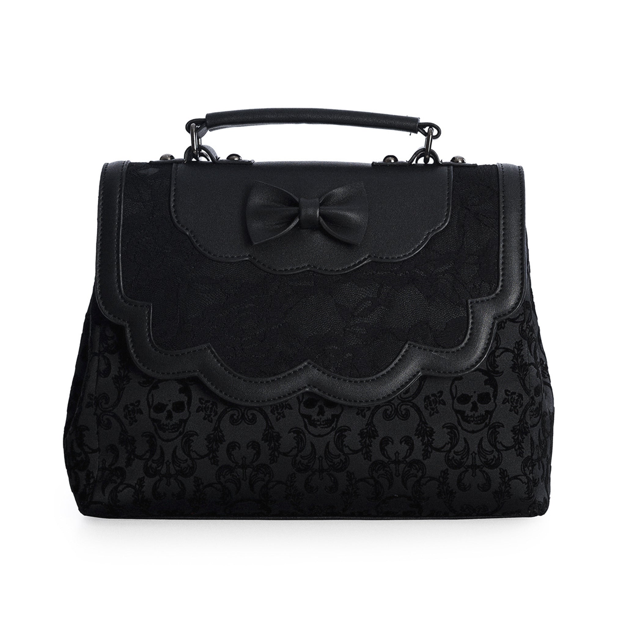  Banned Alternative Scarlet Illusion black handbag with skulls and lace - front view