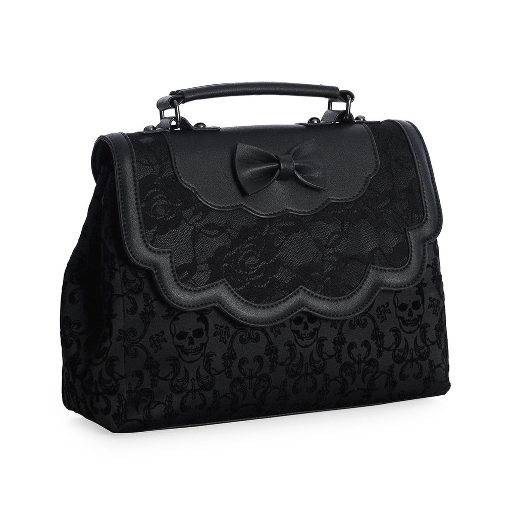  Banned Alternative Scarlet Illusion black handbag with skulls and lace - angle view