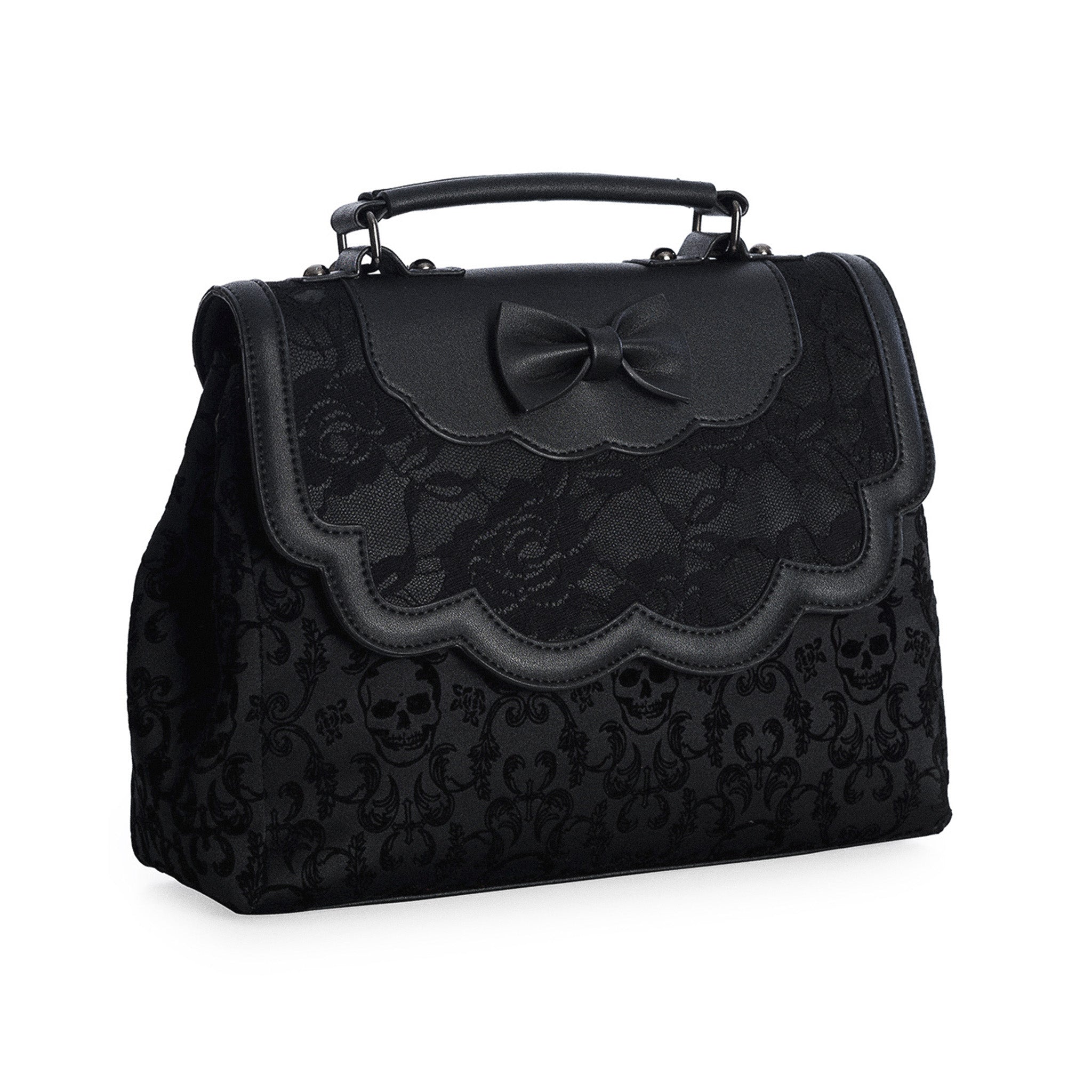  Banned Alternative Scarlet Illusion black handbag with skulls and lace - angle view