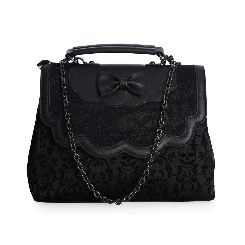  Banned Alternative Scarlet Illusion black handbag with skulls and lace - with chain view