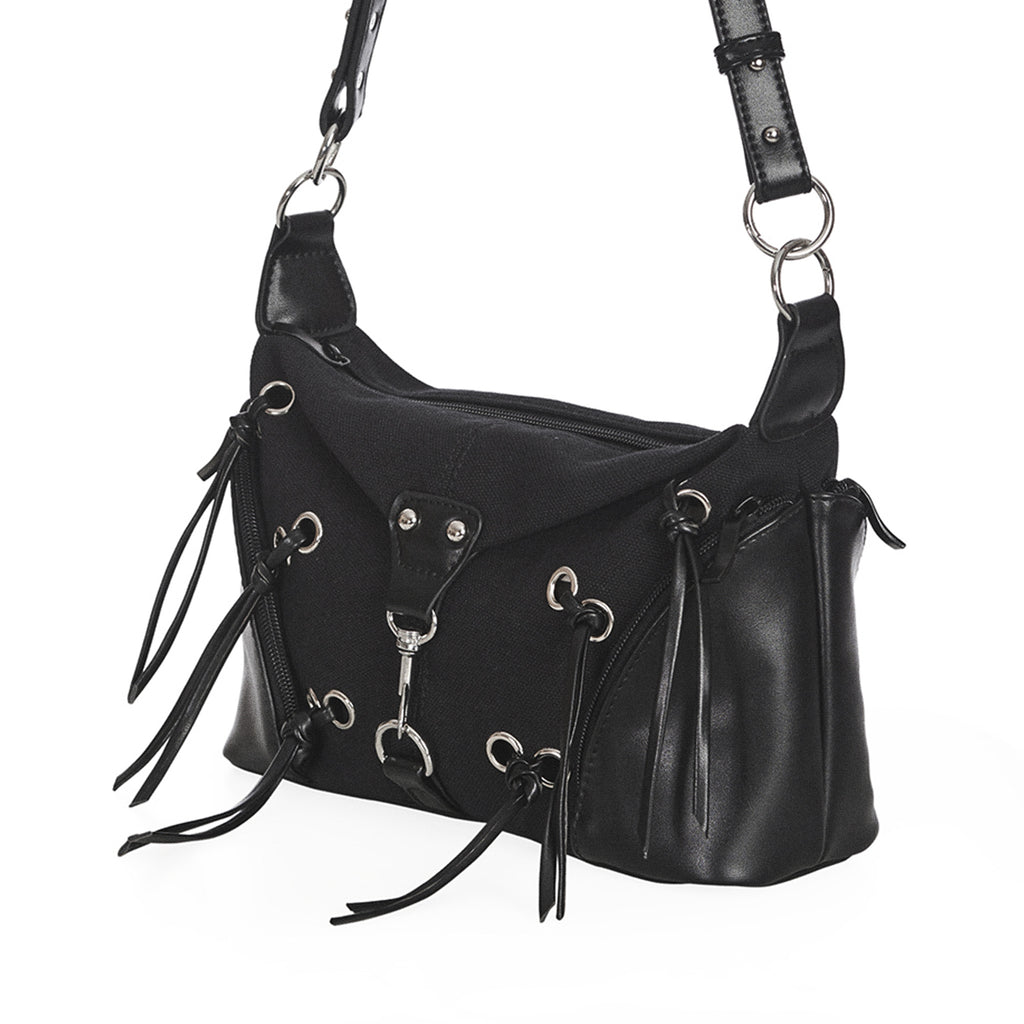  Banned Alternative black crossbody bag with fringe and metal clasp - front angle view