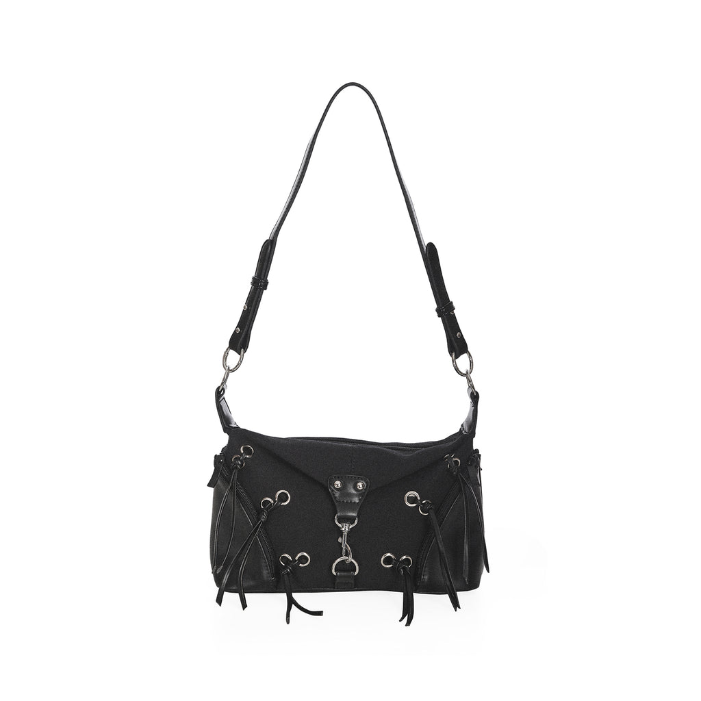  Banned Alternative black crossbody bag with fringe and metal clasp - front with strap
