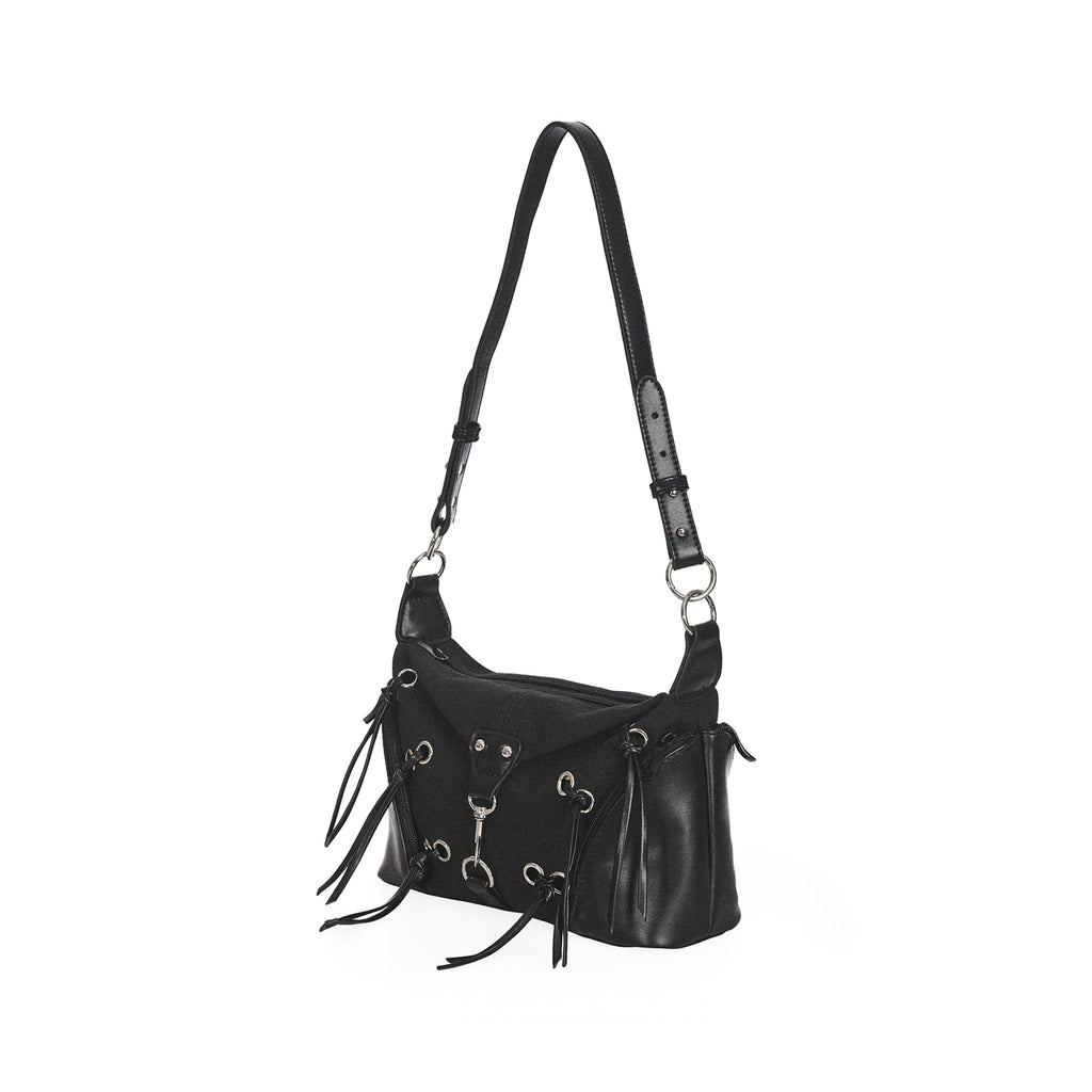  Banned Alternative black crossbody bag with fringe and metal clasp - front angle with strap
