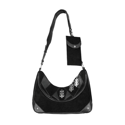 Bolso bandolera forma de medialuna Croissant de la marca Restyle en color negro vista frontal con bolsito