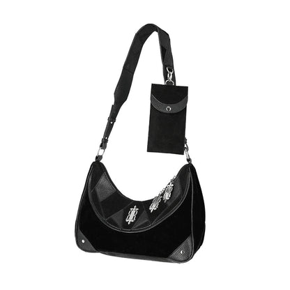 Bolso bandolera forma de medialuna Croissant de la marca Restyle en color negro vista con bolsito ángulo