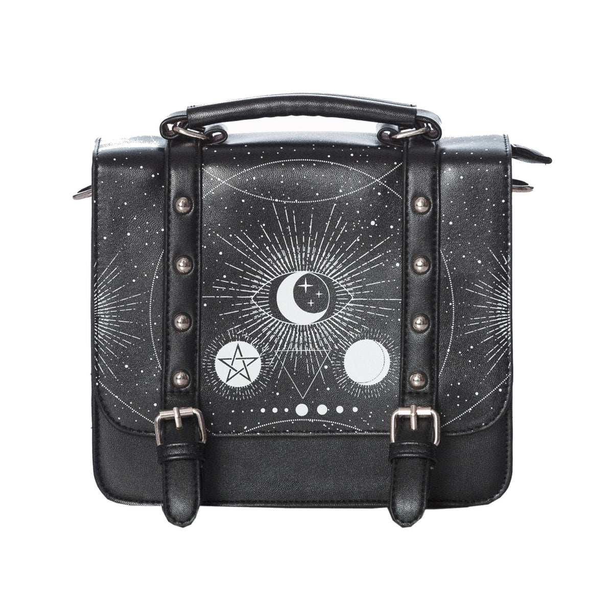  Banned Alternative Cosmic Small Satchel black square bag with moons - front view