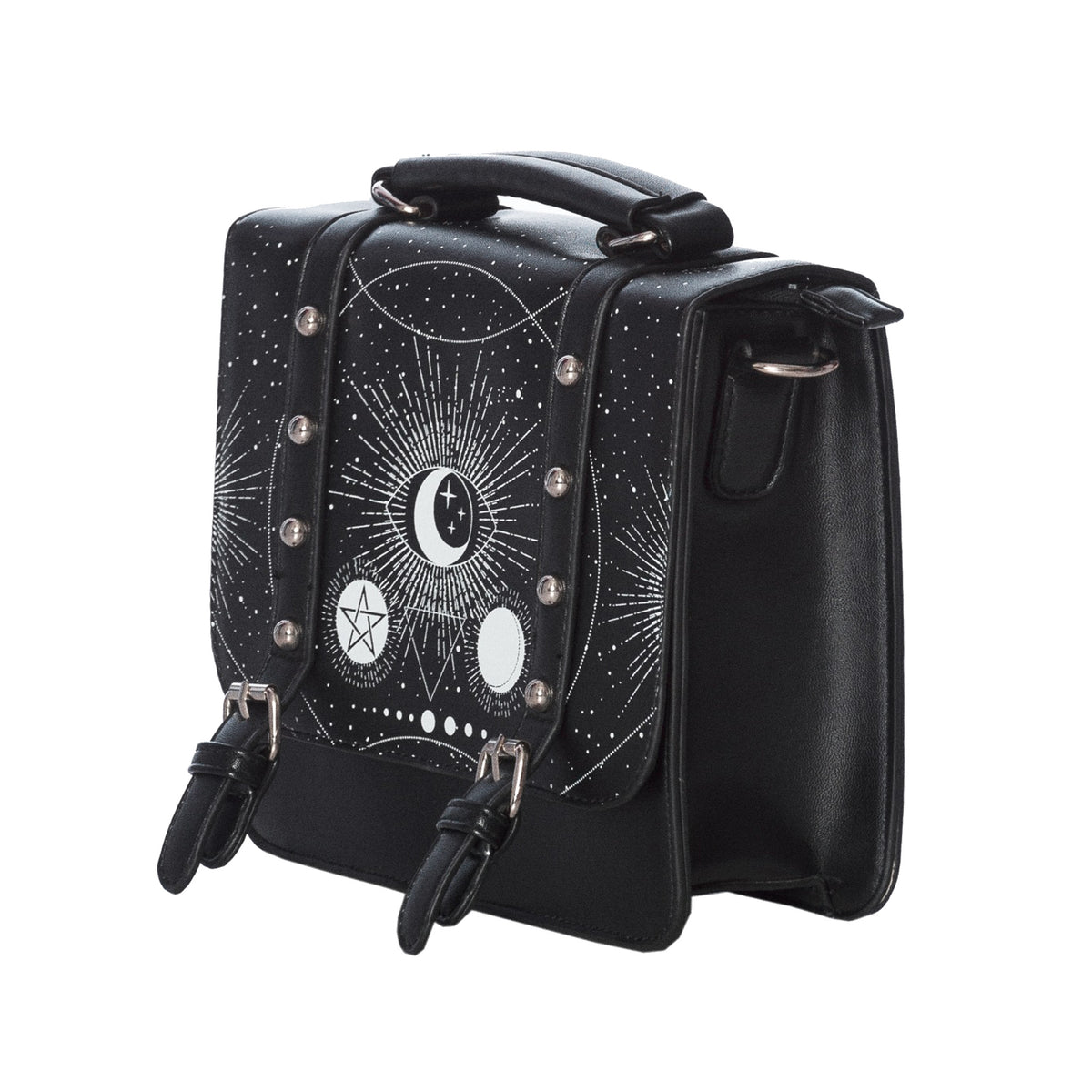  Banned Alternative Cosmic Small Satchel black square bag with moons - angle view
