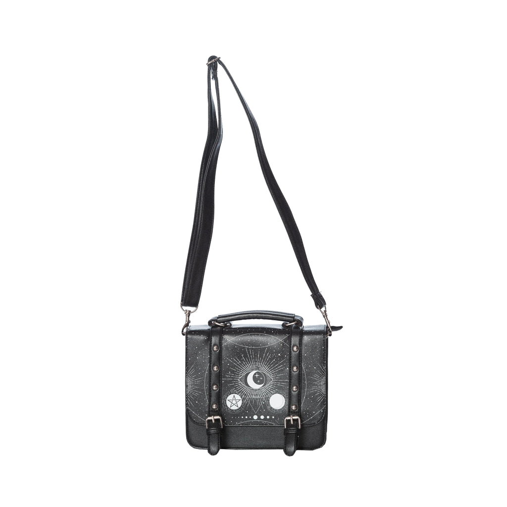  Banned Alternative Cosmic Small Satchel black square bag with moons - with strap view