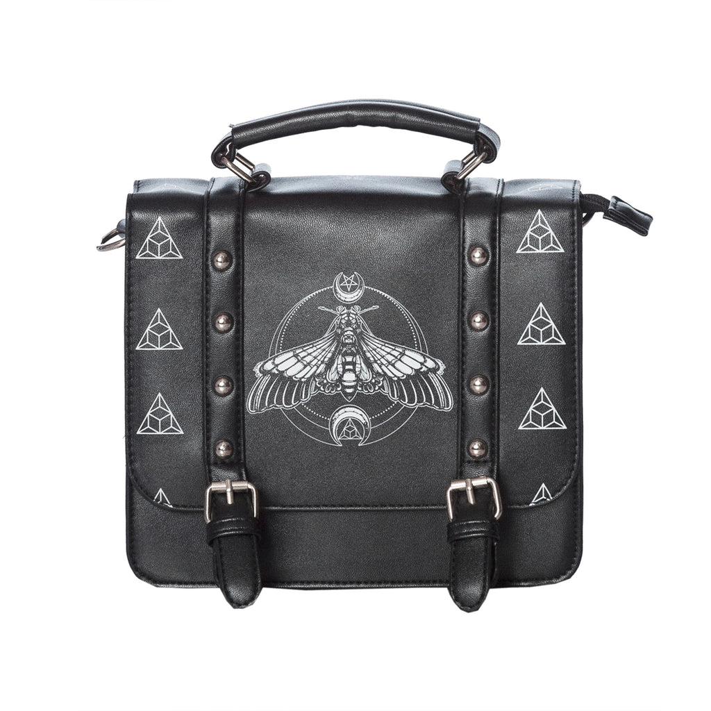  Banned Alternative Moth black square crossbody bag with moth print - front view