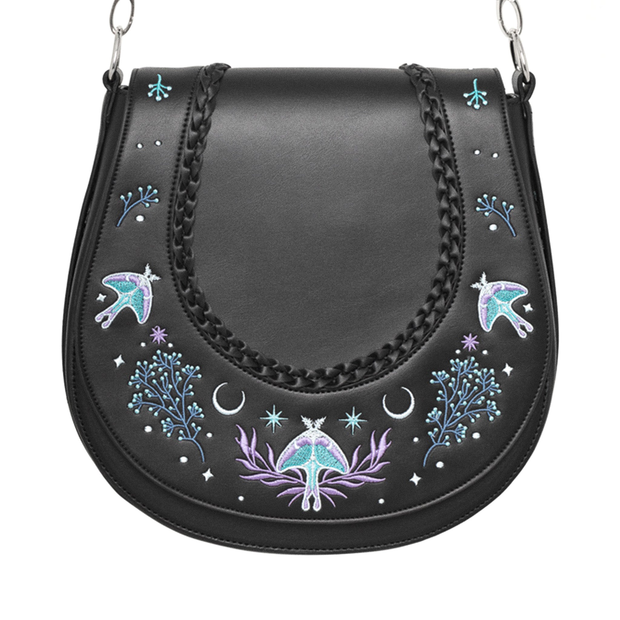 Bolso bandolera con bordado esotérico inspirado en una alforja con detalle trenzado y cinta bordada lateral rígido color negro vista frontal