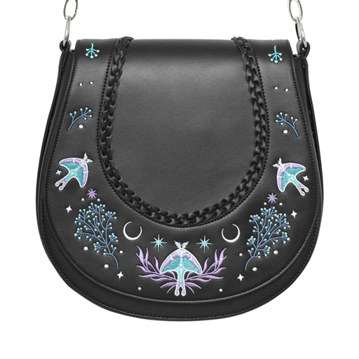 Bolso bandolera con bordado esotérico inspirado en una alforja con detalle trenzado y cinta bordada lateral rígido color negro vista frontal