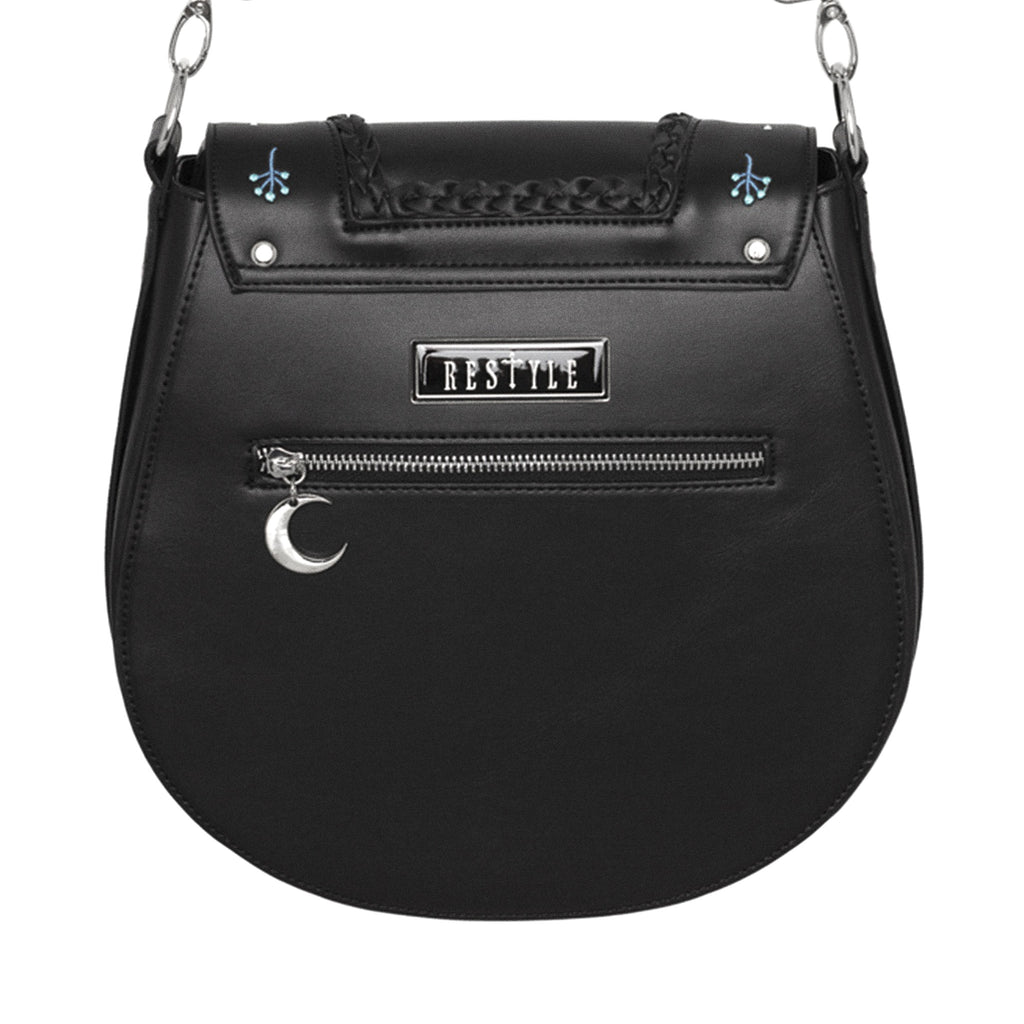 Bolso bandolera con bordado esotérico inspirado en una alforja con detalle trenzado y cinta bordada lateral rígido color negro vista posterior