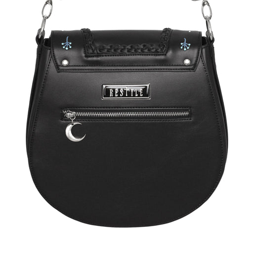 Bolso bandolera con bordado esotérico inspirado en una alforja con detalle trenzado y cinta bordada lateral rígido color negro vista posterior