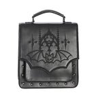  Convertible backpack/crossbody with embroidered bat wing flap and metal studs - front view