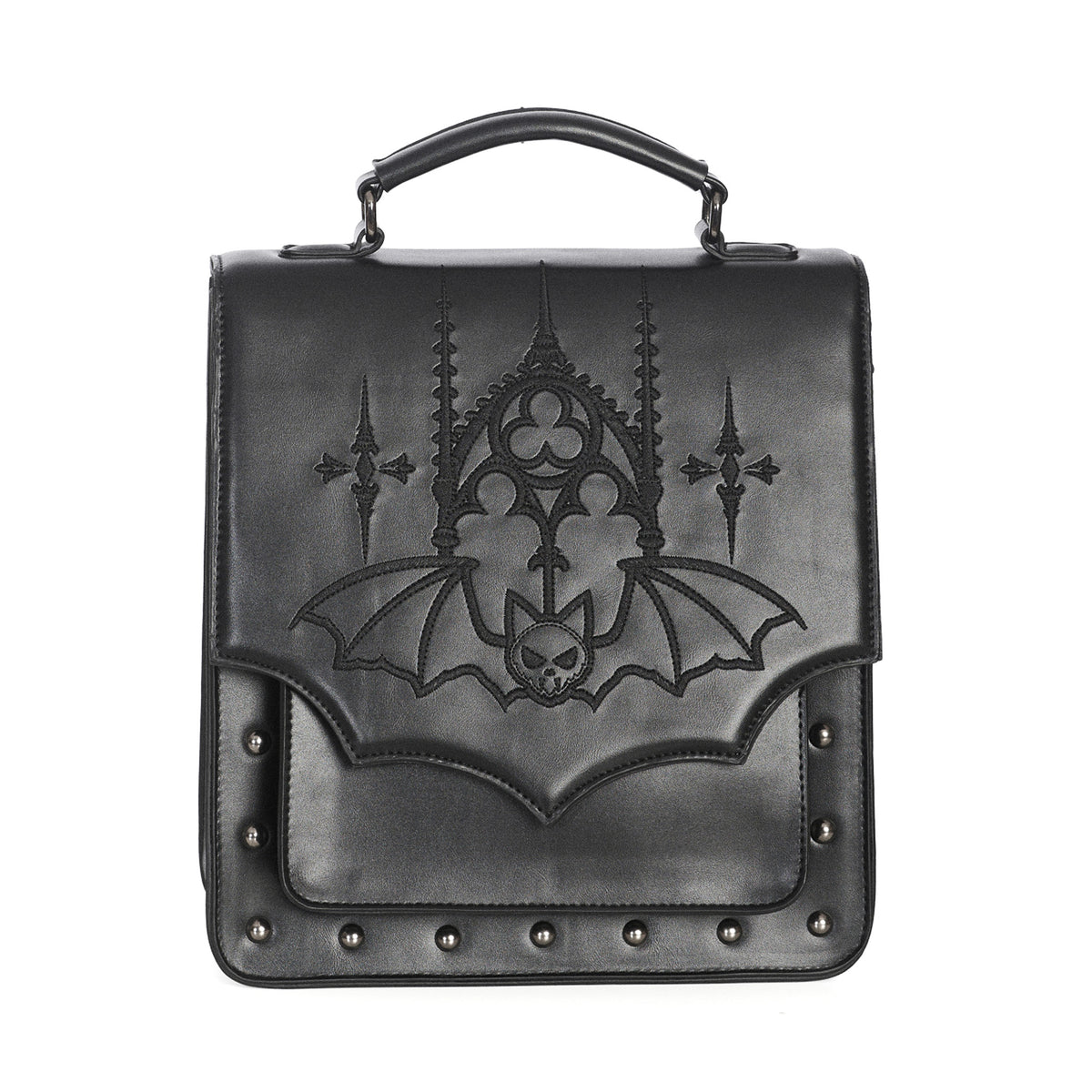  Convertible backpack/crossbody with embroidered bat wing flap and metal studs - front view