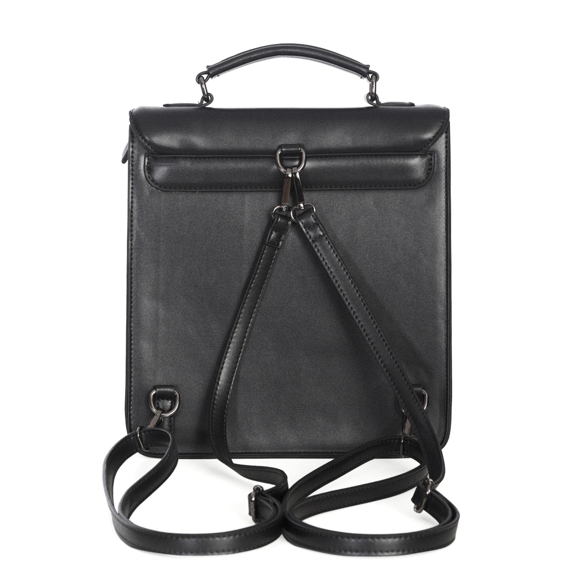 Mochila convertible a bolso bandolera o bolso de mano con bordado y solapa en forma de murciélago y remaches metálicos en la parte frontal vista parte posterior con correas de mochila